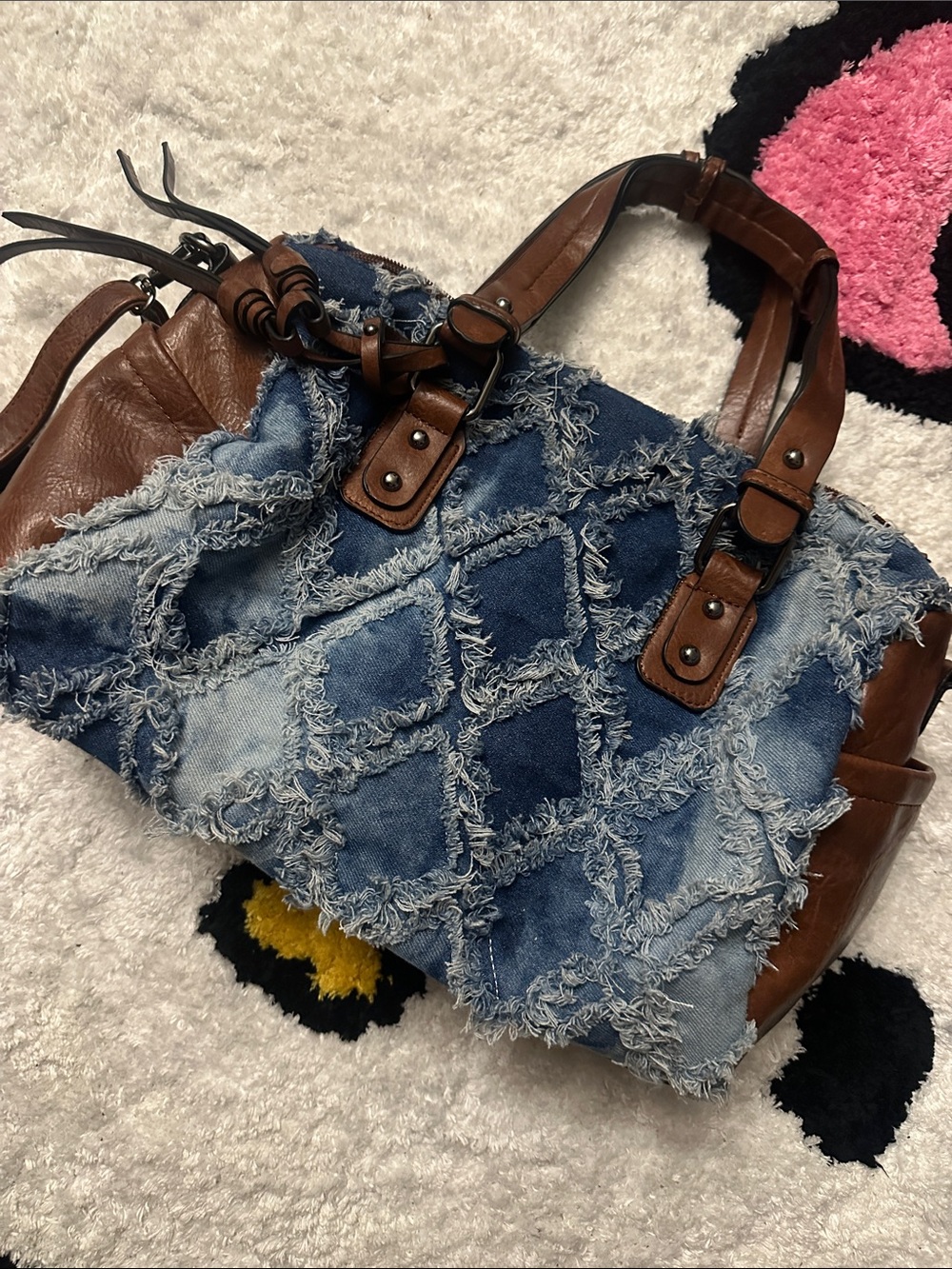Denim Patchwork Shoulder Bag with Brown Leather Handles